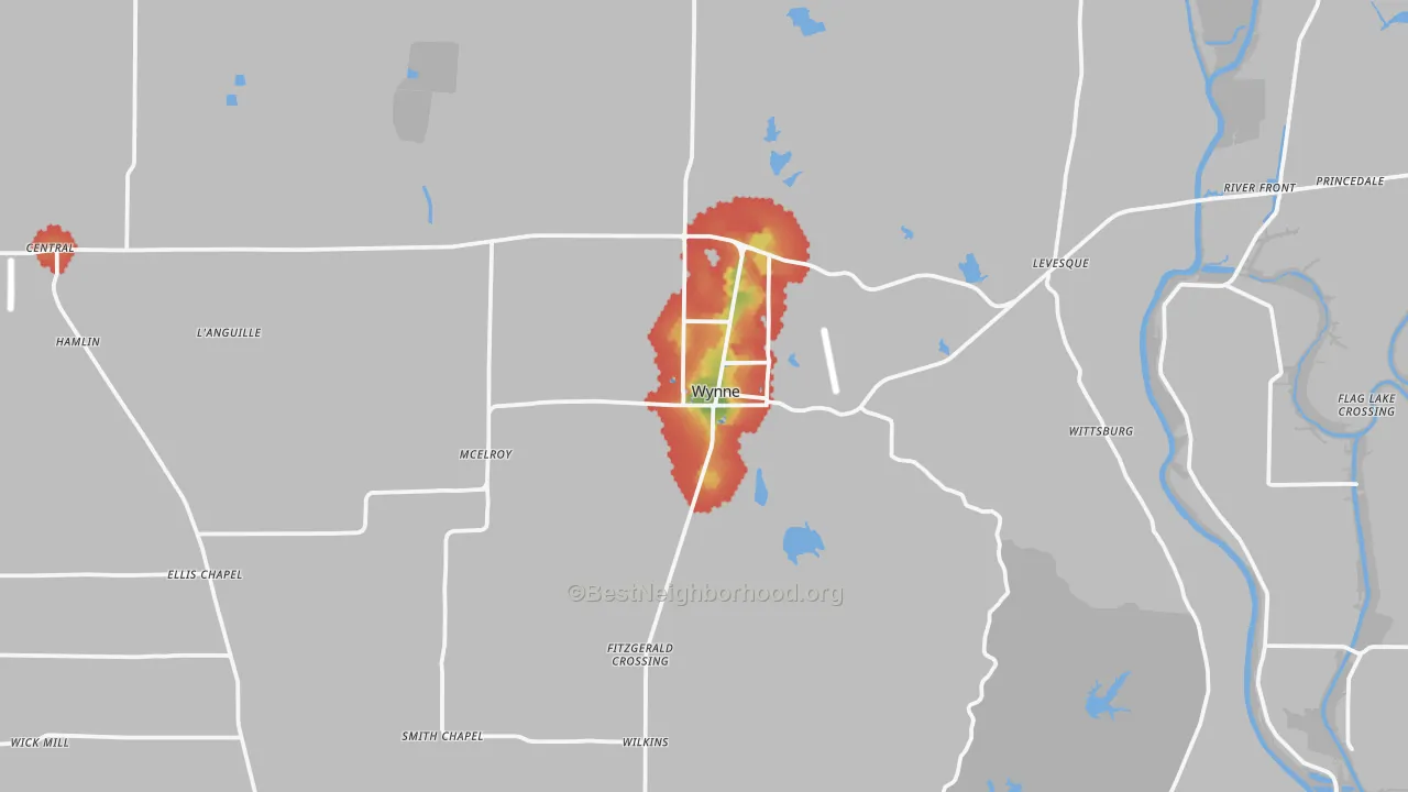 Walk Grade map of 72396, AR, walkable areas in green and car-dependent areas in red