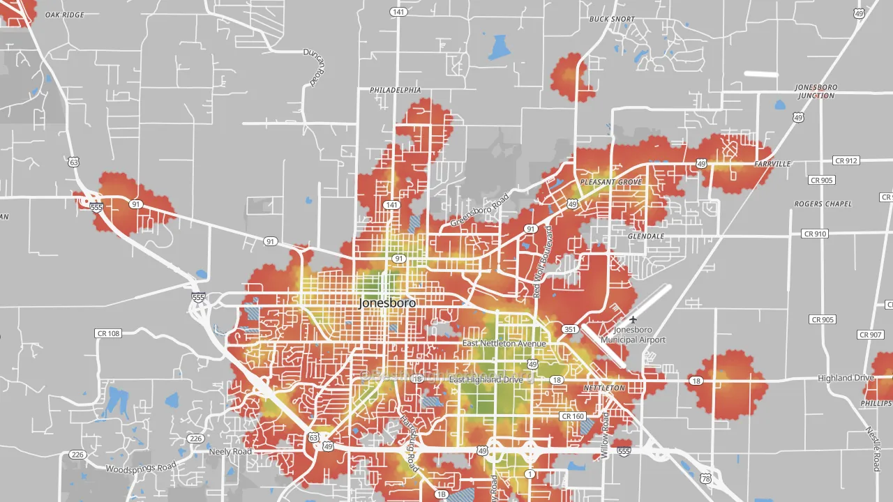 Walk Grade map of 72401, AR, walkable areas in green and car-dependent areas in red