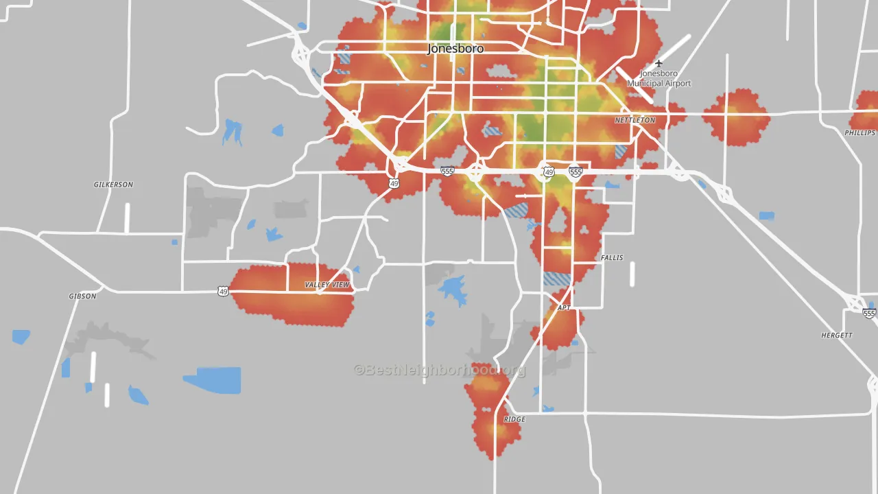 Walk Grade map of 72404, AR, walkable areas in green and car-dependent areas in red