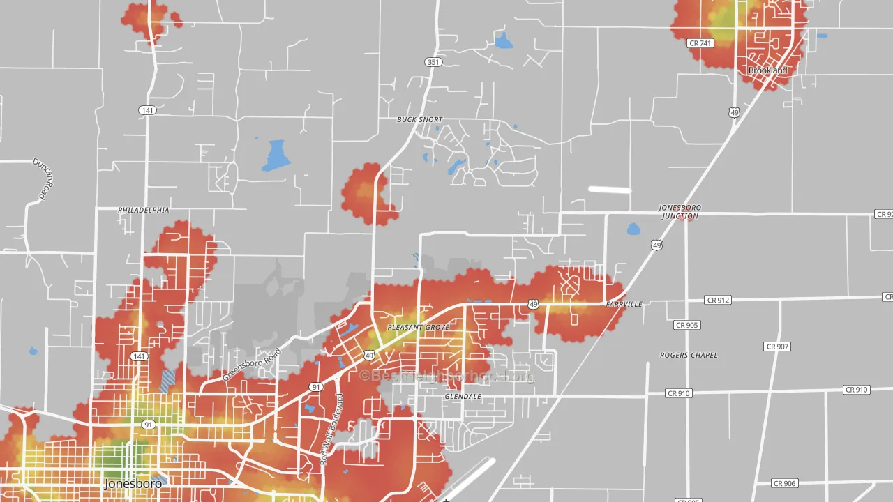 Walk Grade map of 72405, AR, walkable areas in green and car-dependent areas in red