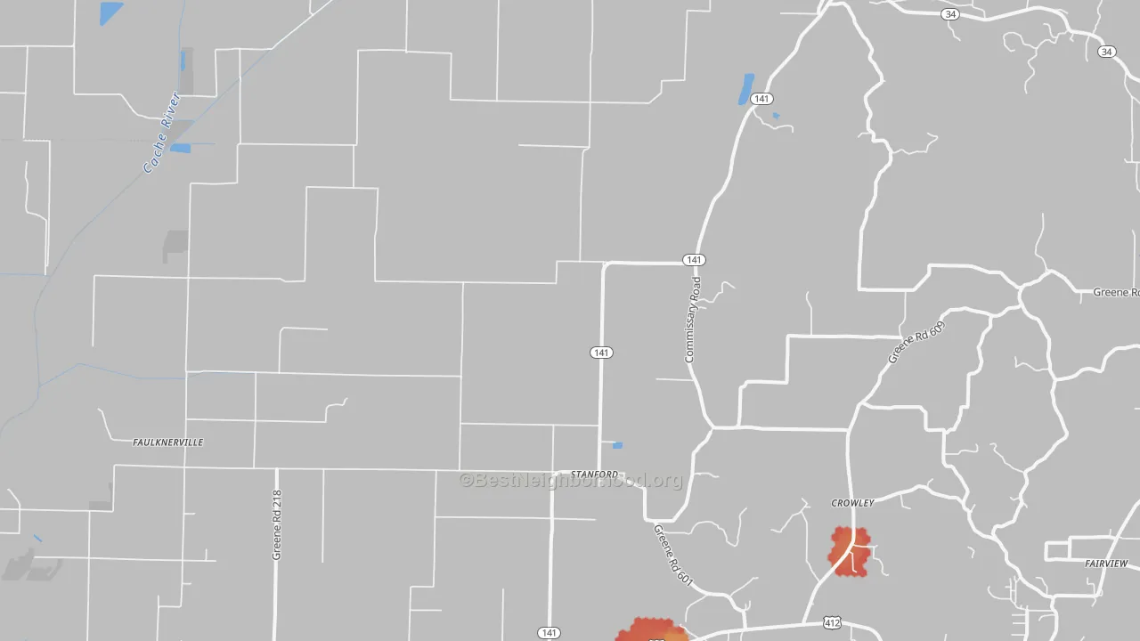 Walk Grade map of 72412, AR, walkable areas in green and car-dependent areas in red