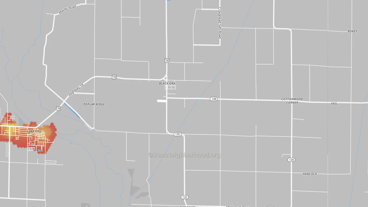 Walk Grade map of 72414, AR, walkable areas in green and car-dependent areas in red