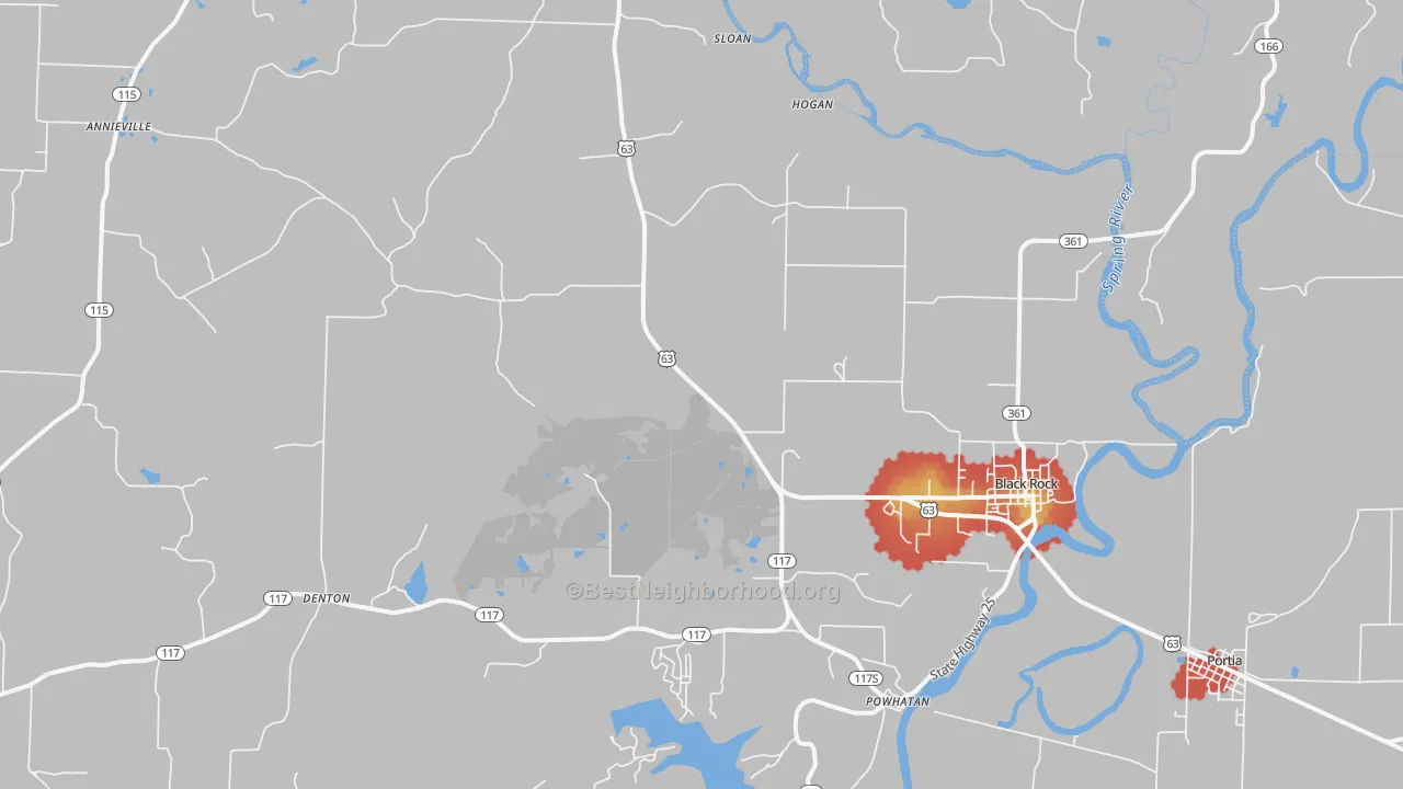 Walk Grade map of 72415, AR, walkable areas in green and car-dependent areas in red