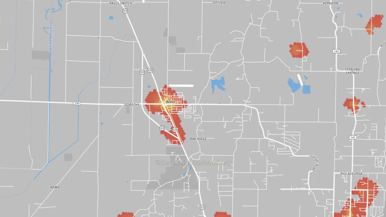 Walk Grade map of 72416, AR, walkable areas in green and car-dependent areas in red