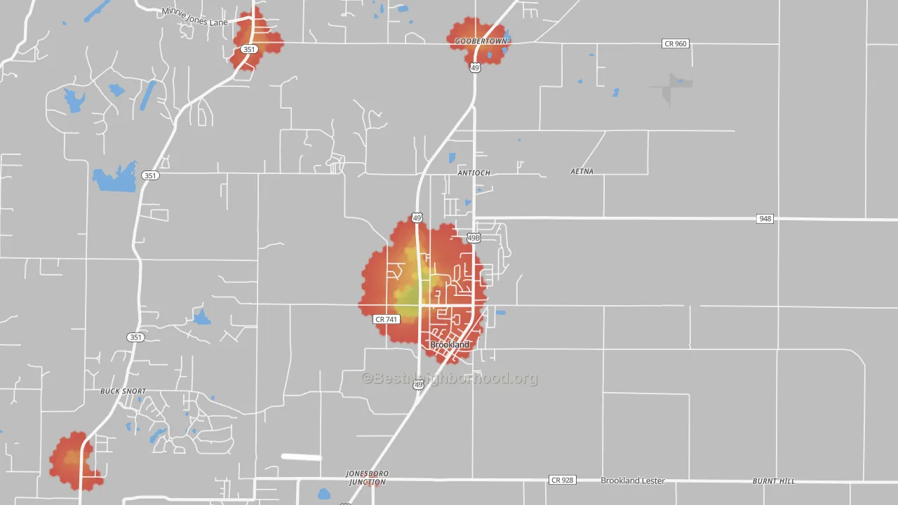 Walk Grade map of 72417, AR, walkable areas in green and car-dependent areas in red