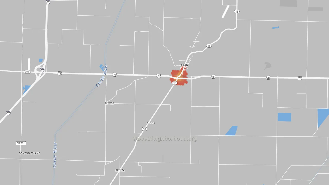 Walk Grade map of 72421, AR, walkable areas in green and car-dependent areas in red