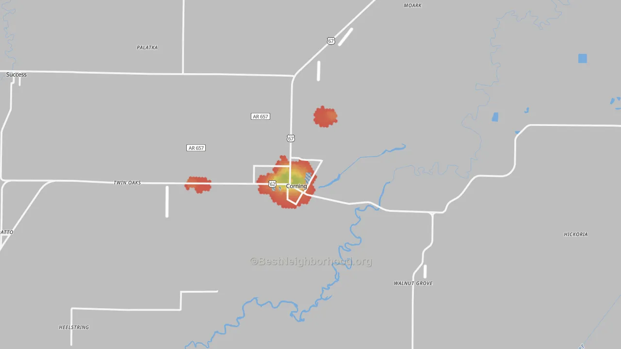 Walk Grade map of 72422, AR, walkable areas in green and car-dependent areas in red