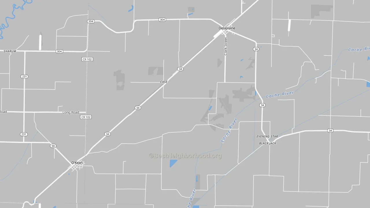 Walk Grade map of 72425, AR, walkable areas in green and car-dependent areas in red