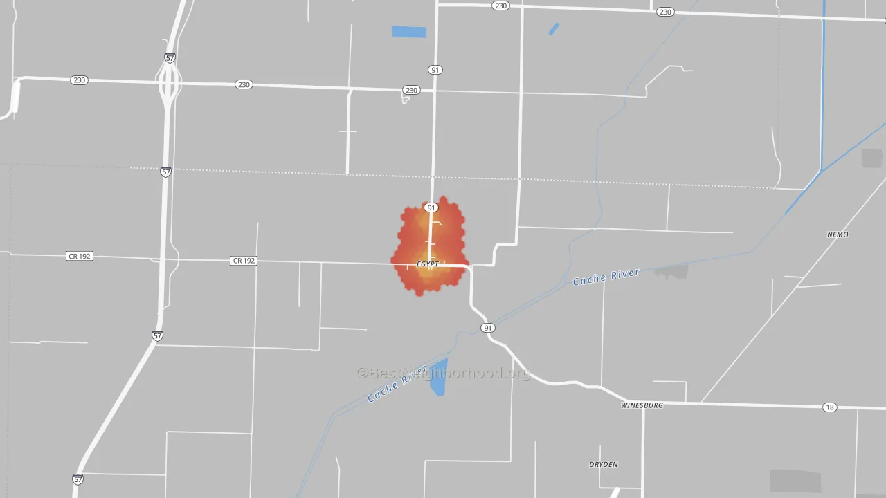 Walk Grade map of 72427, AR, walkable areas in green and car-dependent areas in red