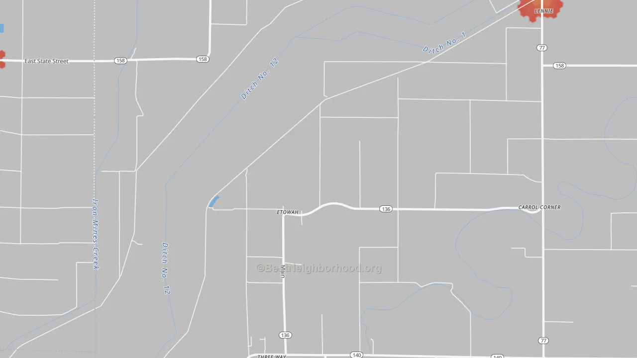 Walk Grade map of 72428, AR, walkable areas in green and car-dependent areas in red