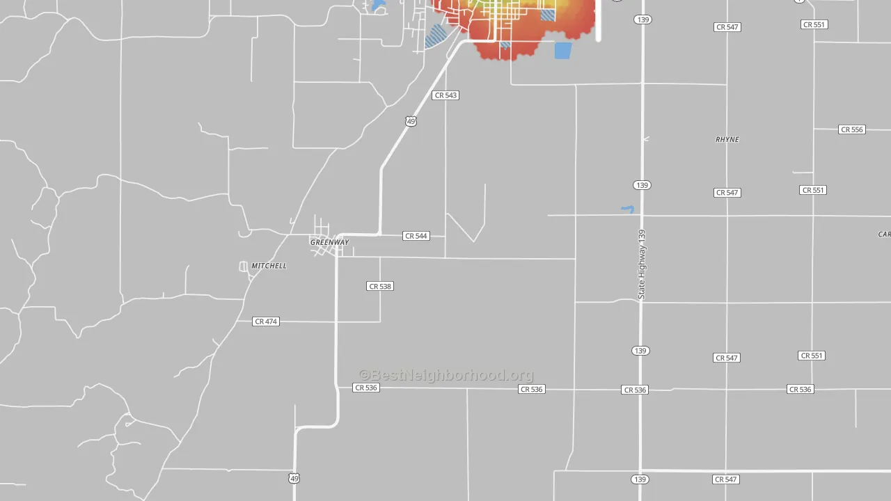 Walk Grade map of 72430, AR, walkable areas in green and car-dependent areas in red