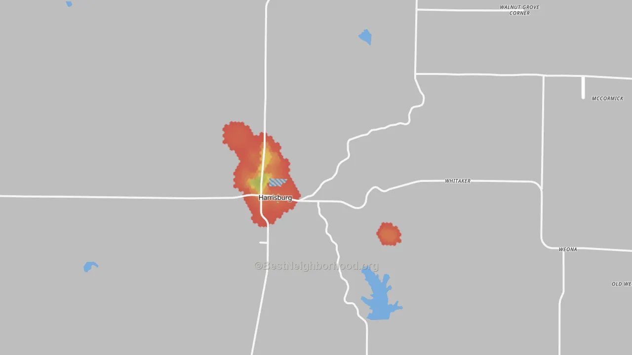 Walk Grade map of 72432, AR, walkable areas in green and car-dependent areas in red