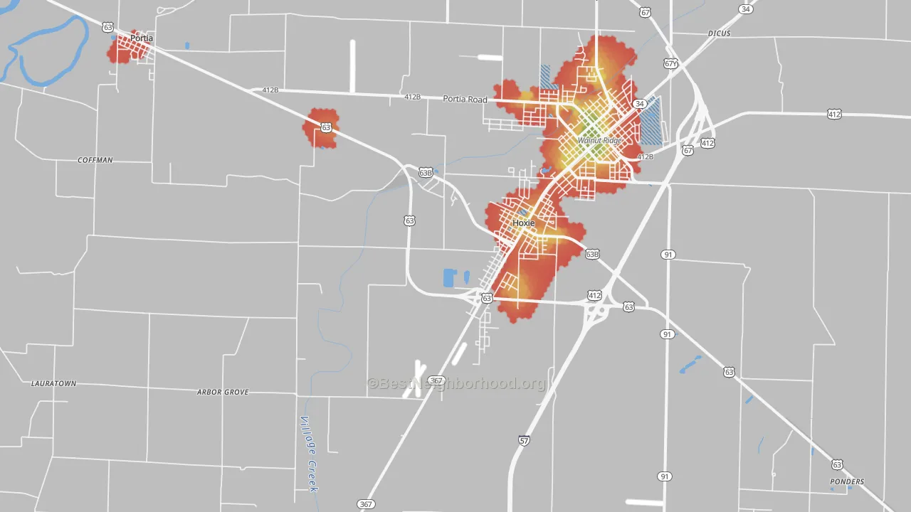 Walk Grade map of 72433, AR, walkable areas in green and car-dependent areas in red