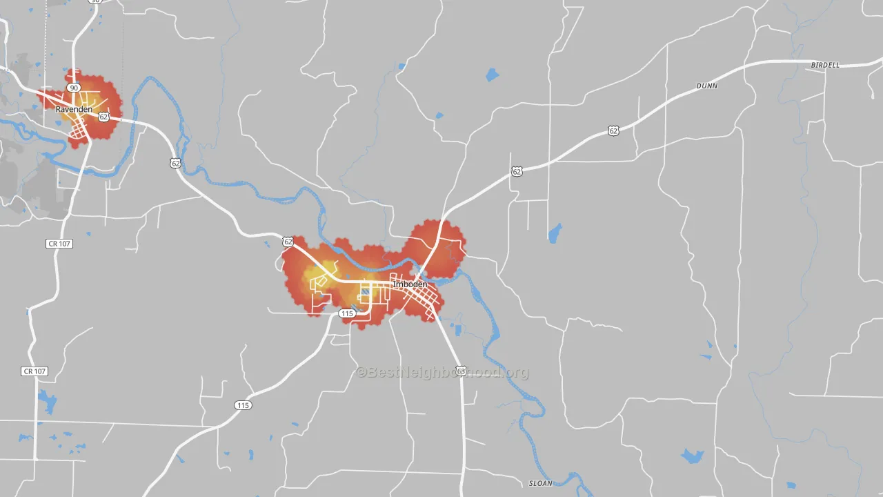 Walk Grade map of 72434, AR, walkable areas in green and car-dependent areas in red