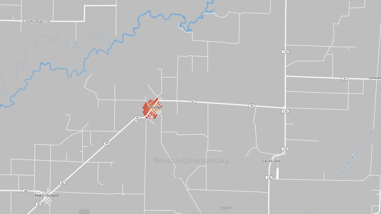 Walk Grade map of 72435, AR, walkable areas in green and car-dependent areas in red