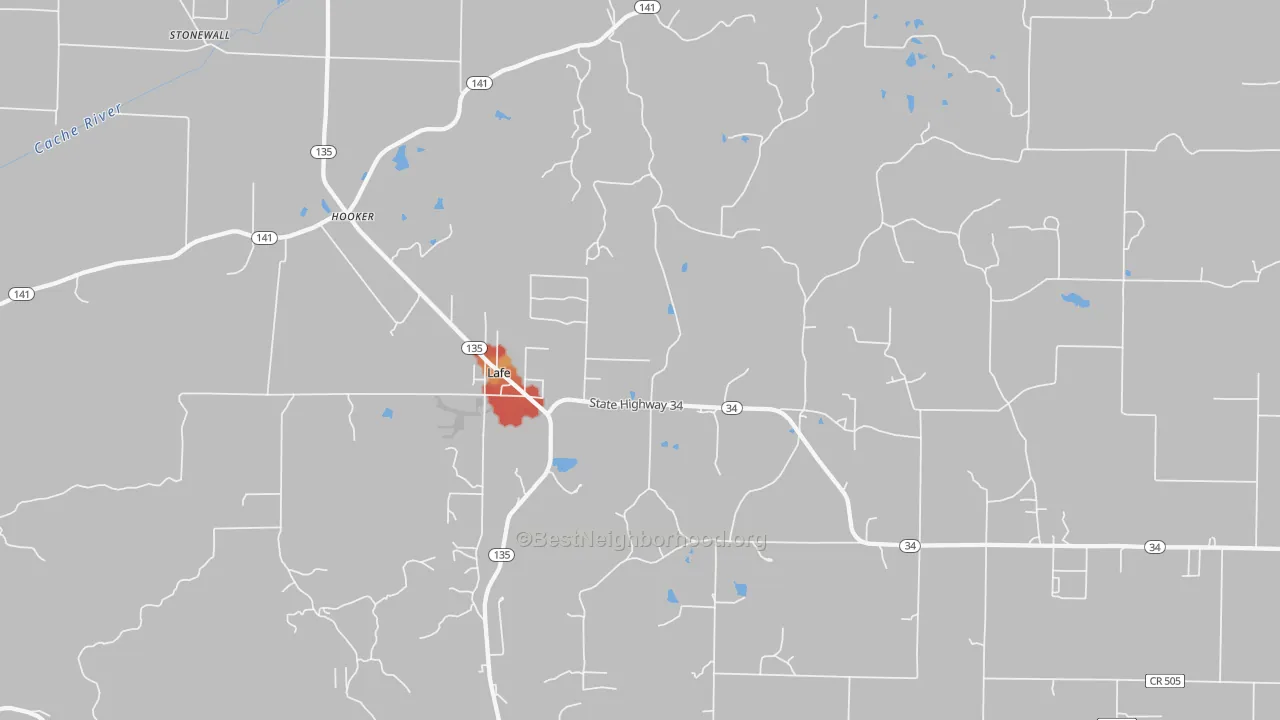 Walk Grade map of 72436, AR, walkable areas in green and car-dependent areas in red
