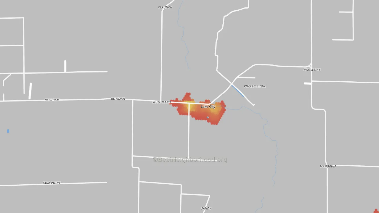 Walk Grade map of 72437, AR, walkable areas in green and car-dependent areas in red