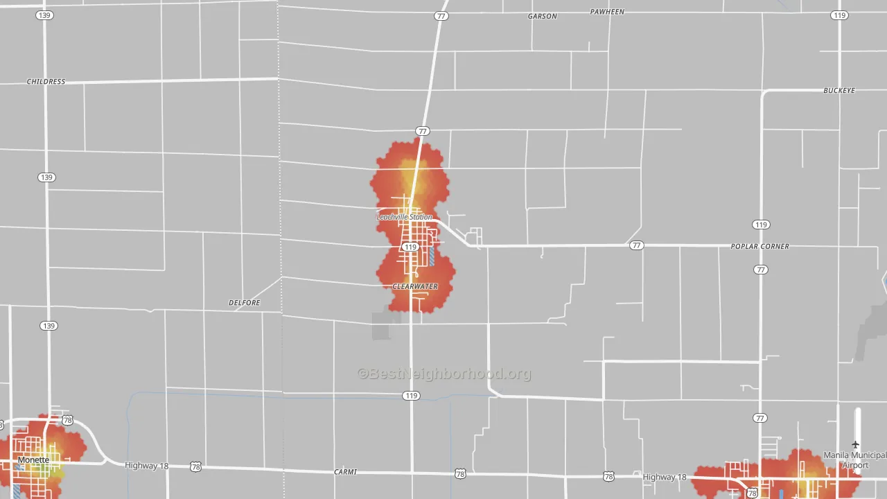 Walk Grade map of 72438, AR, walkable areas in green and car-dependent areas in red
