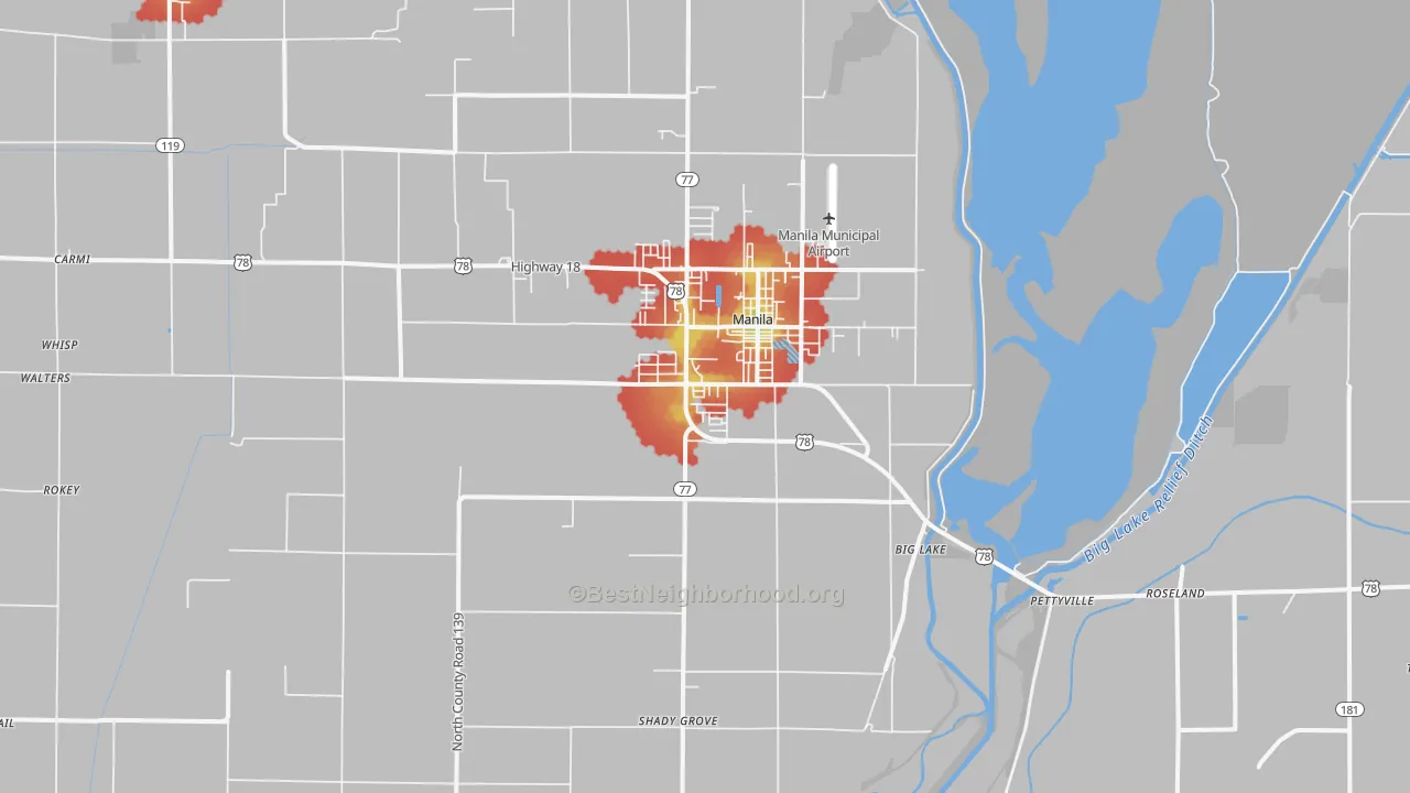 Walk Grade map of 72442, AR, walkable areas in green and car-dependent areas in red