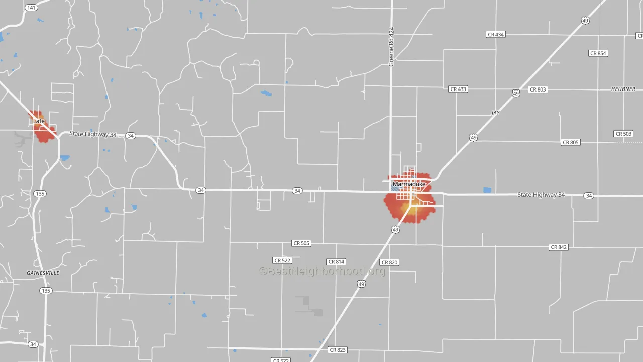 Walk Grade map of 72443, AR, walkable areas in green and car-dependent areas in red