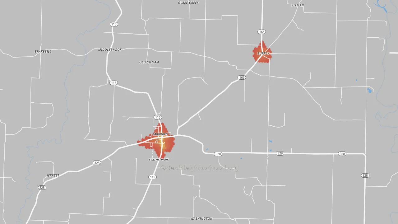 Walk Grade map of 72444, AR, walkable areas in green and car-dependent areas in red