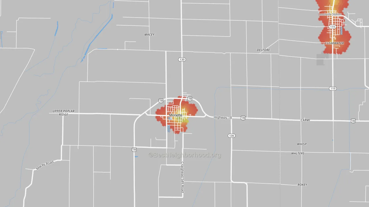 Walk Grade map of 72447, AR, walkable areas in green and car-dependent areas in red