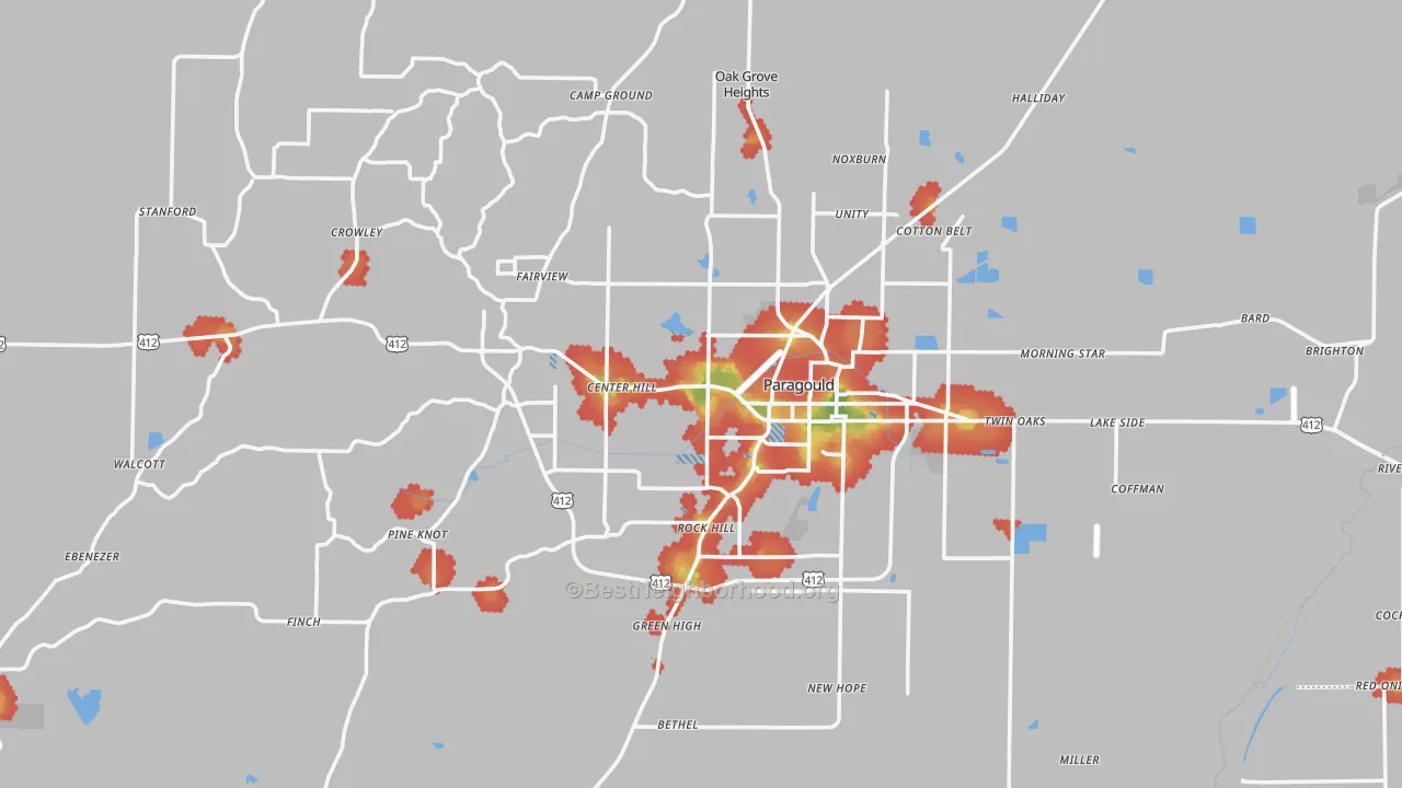 Walk Grade map of 72450, AR, walkable areas in green and car-dependent areas in red