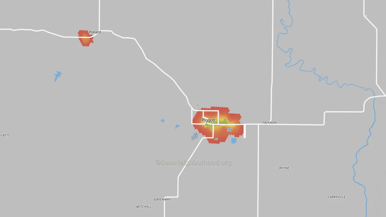 Walk Grade map of 72454, AR, walkable areas in green and car-dependent areas in red