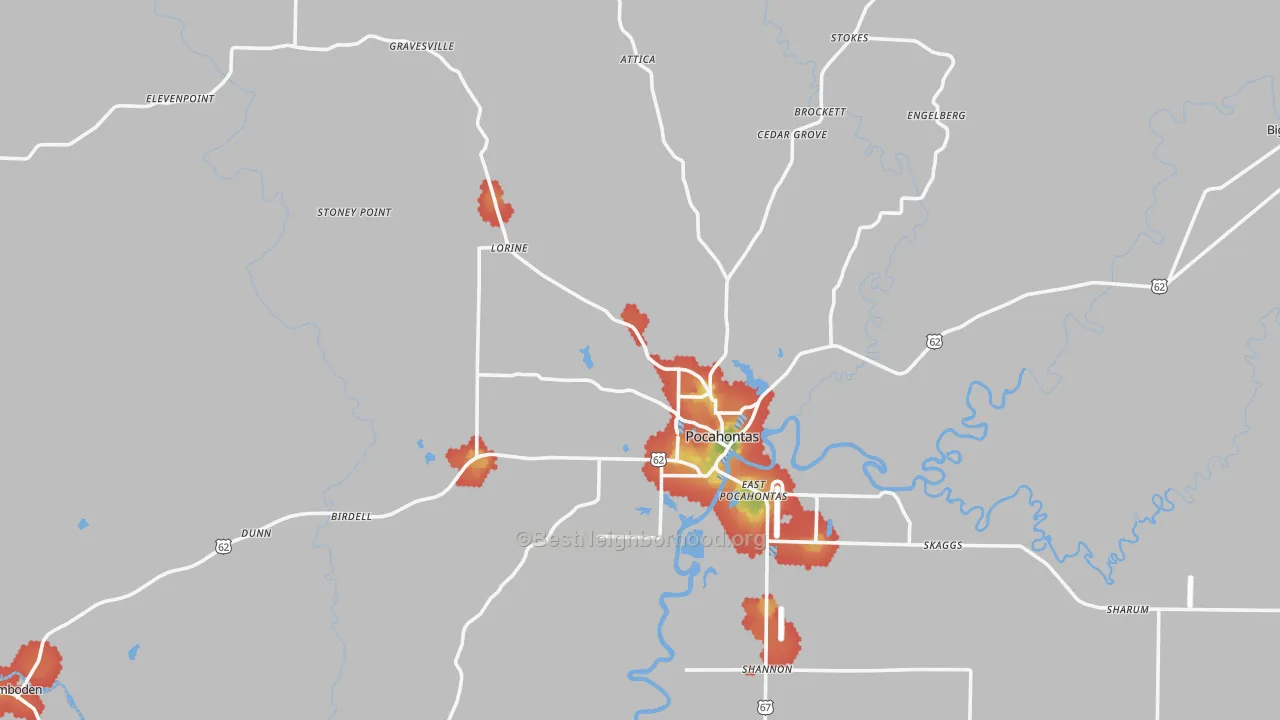 Walk Grade map of 72455, AR, walkable areas in green and car-dependent areas in red