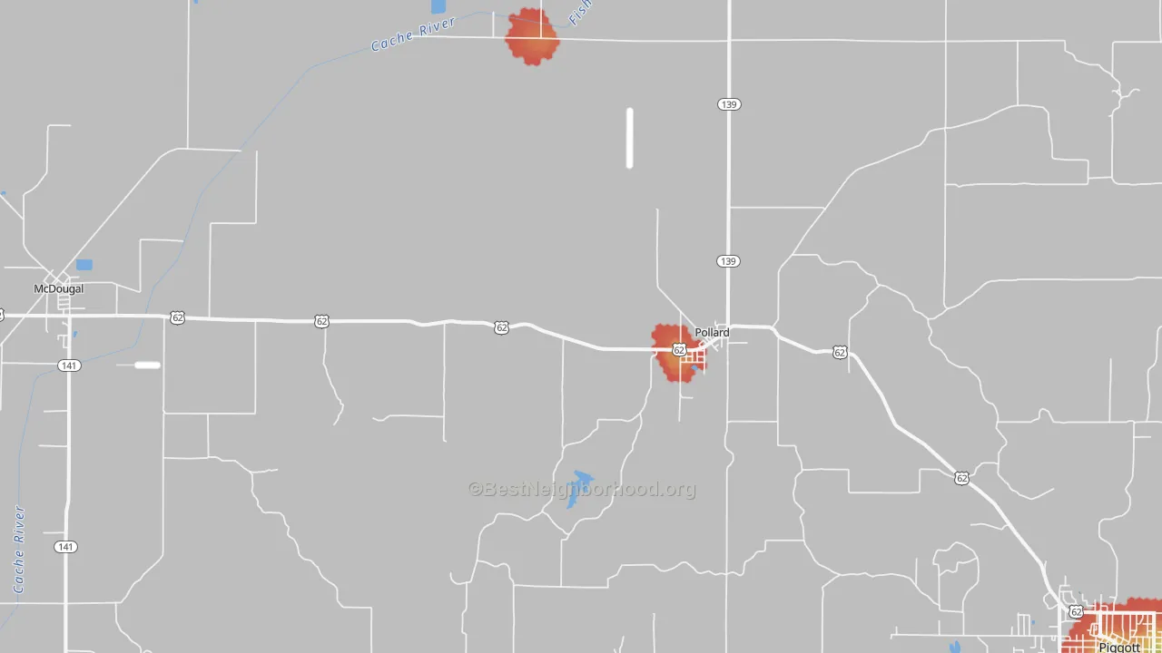 Walk Grade map of 72456, AR, walkable areas in green and car-dependent areas in red