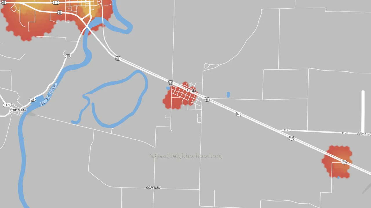 Walk Grade map of 72457, AR, walkable areas in green and car-dependent areas in red