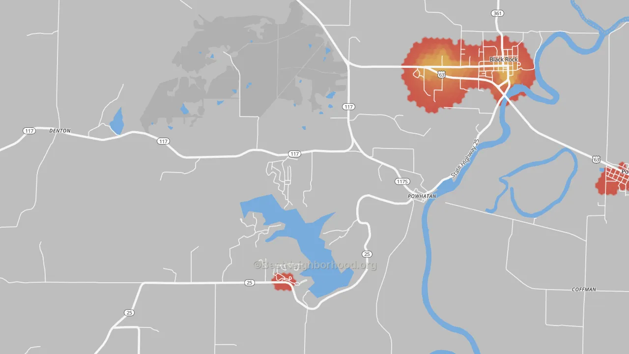 Walk Grade map of 72458, AR, walkable areas in green and car-dependent areas in red