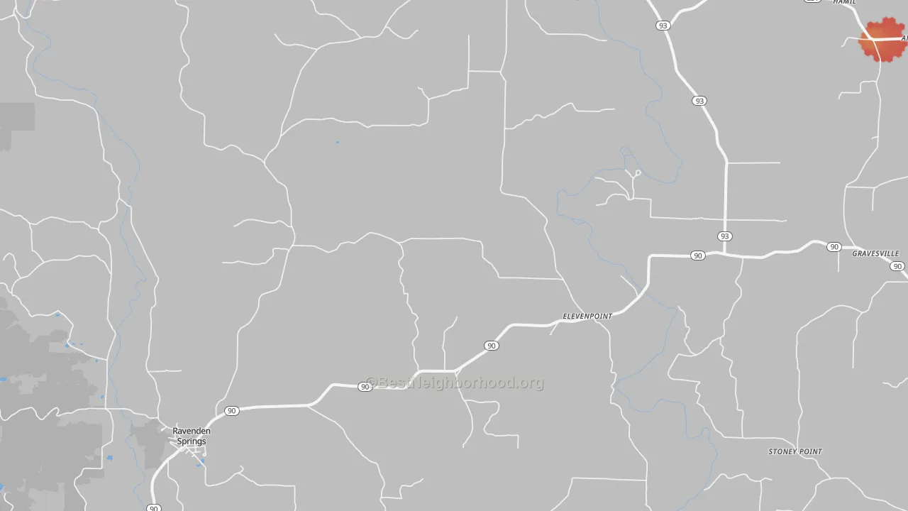 Walk Grade map of 72460, AR, walkable areas in green and car-dependent areas in red