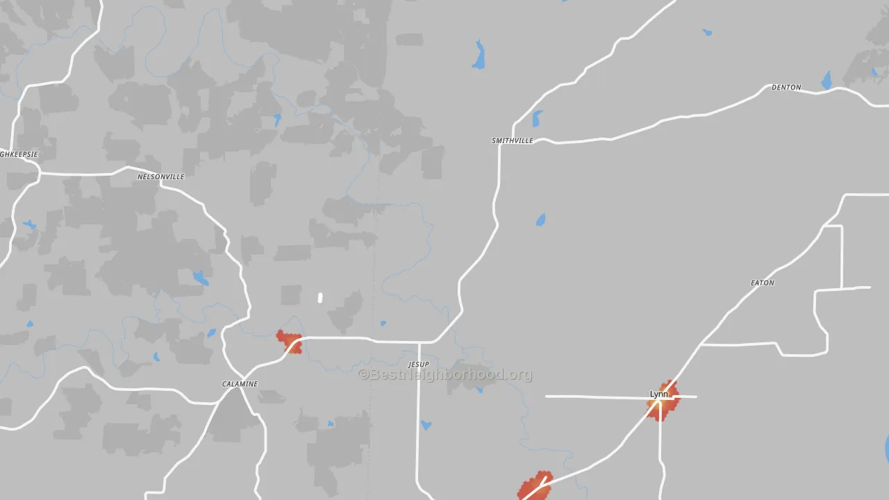 Walk Grade map of 72466, AR, walkable areas in green and car-dependent areas in red