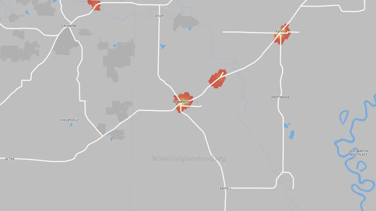 Walk Grade map of 72469, AR, walkable areas in green and car-dependent areas in red