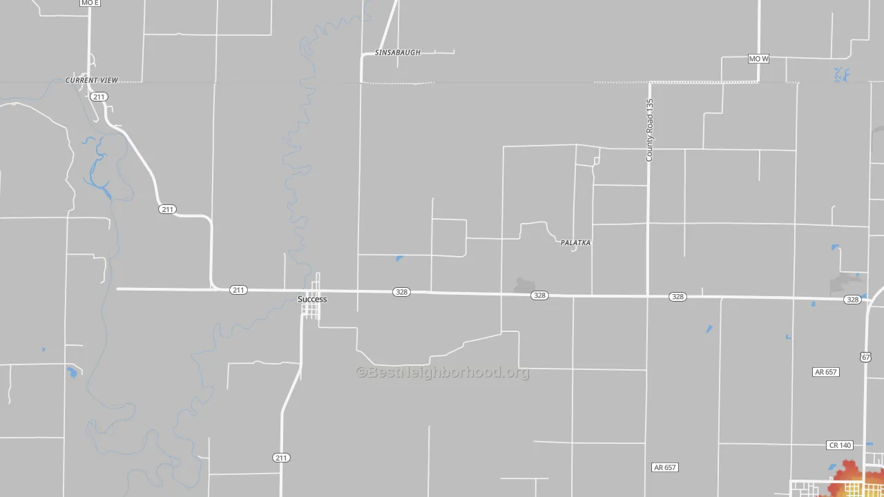 Walk Grade map of 72470, AR, walkable areas in green and car-dependent areas in red