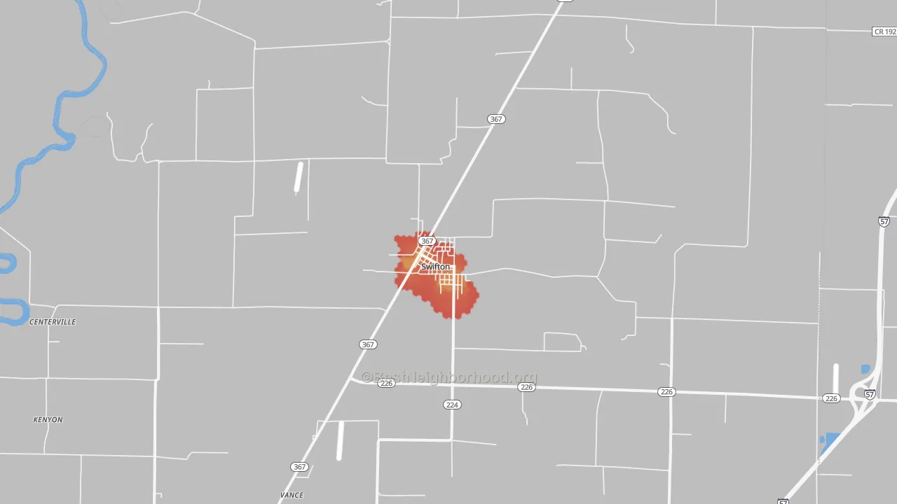 Walk Grade map of 72471, AR, walkable areas in green and car-dependent areas in red