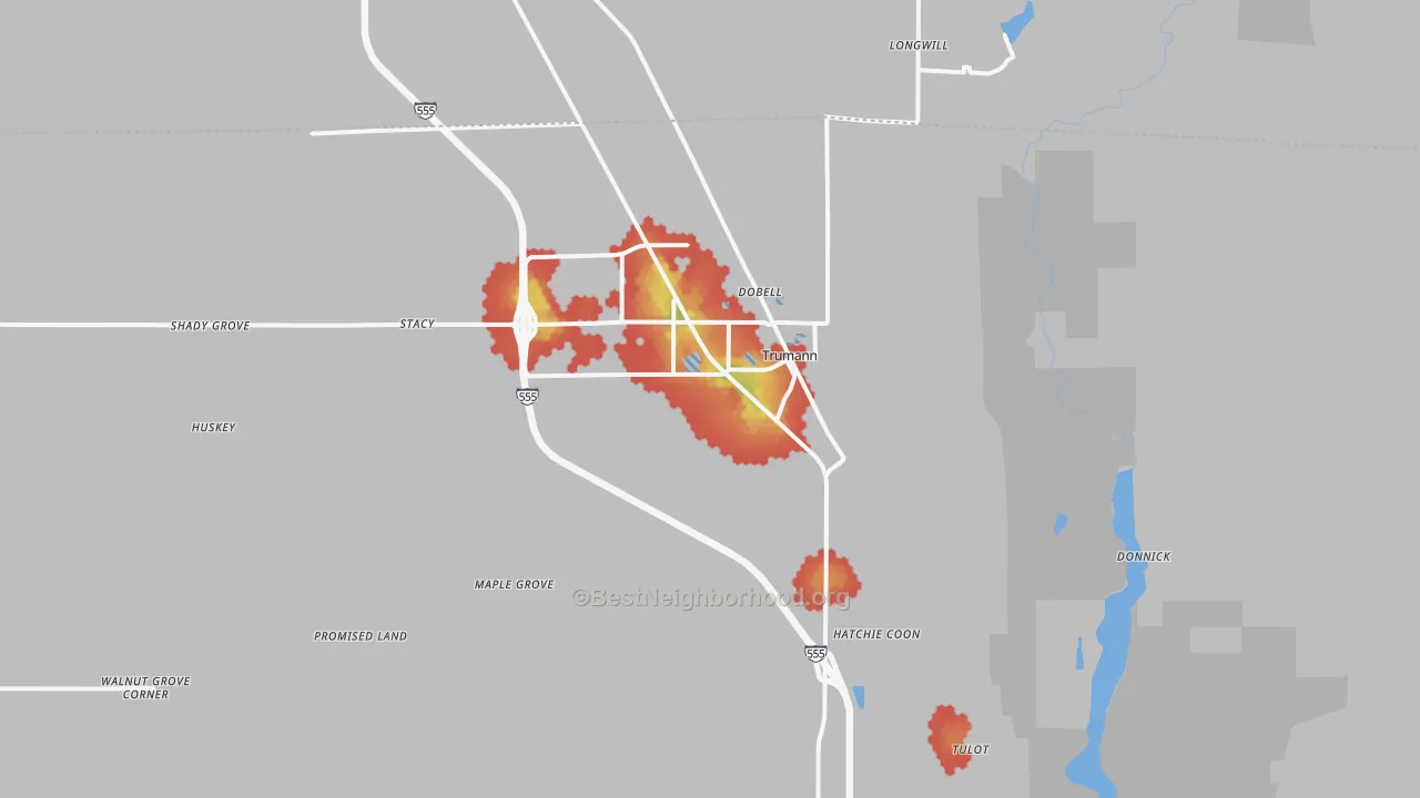 Walk Grade map of 72472, AR, walkable areas in green and car-dependent areas in red