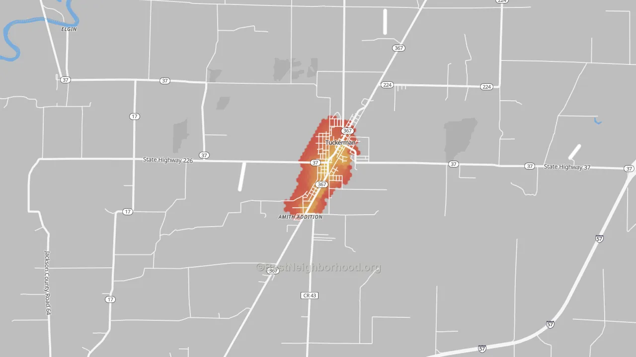 Walk Grade map of 72473, AR, walkable areas in green and car-dependent areas in red