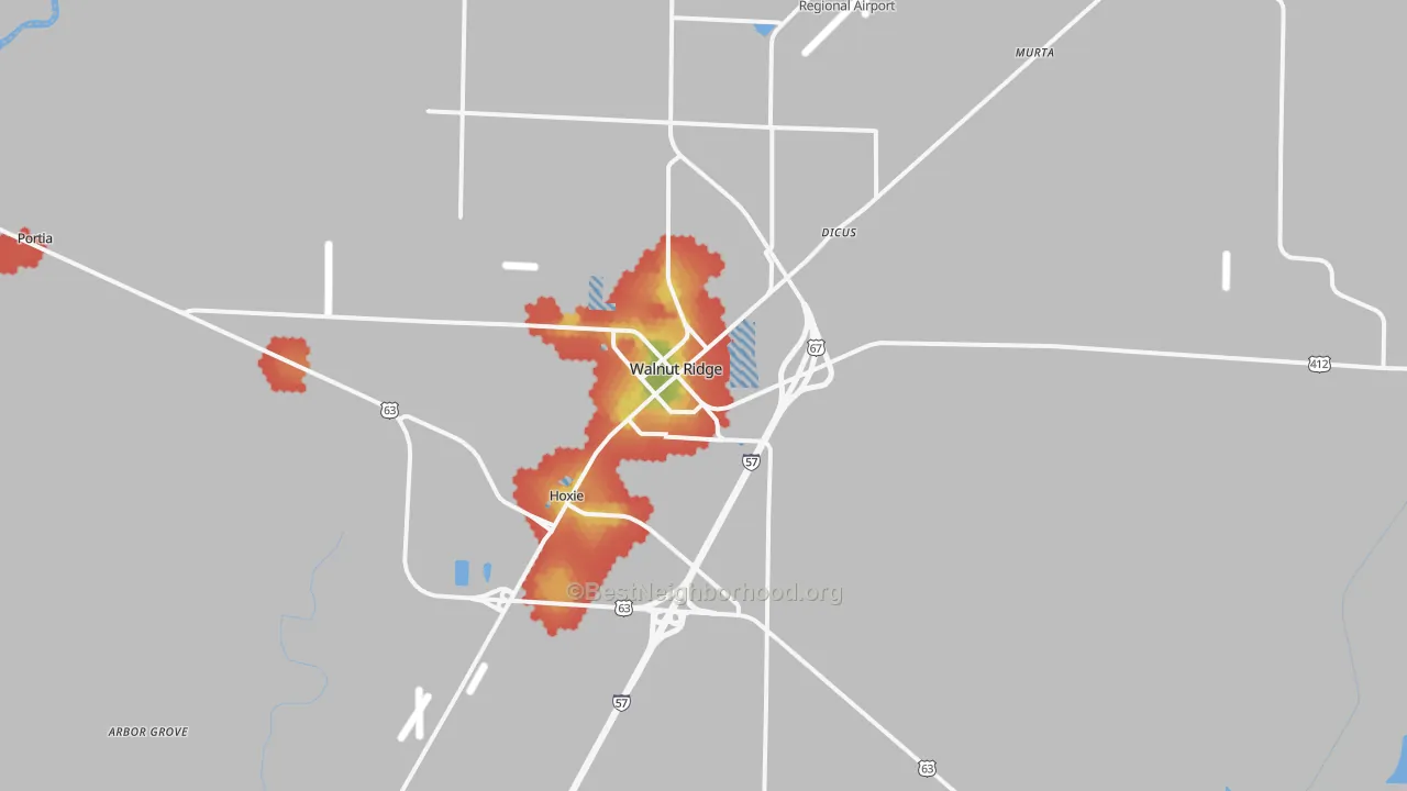 Walk Grade map of 72476, AR, walkable areas in green and car-dependent areas in red