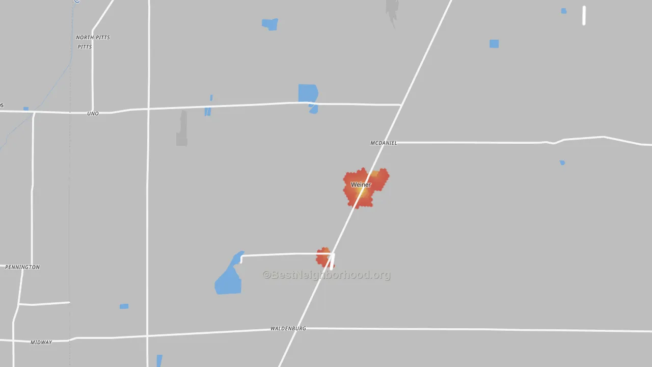 Walk Grade map of 72479, AR, walkable areas in green and car-dependent areas in red