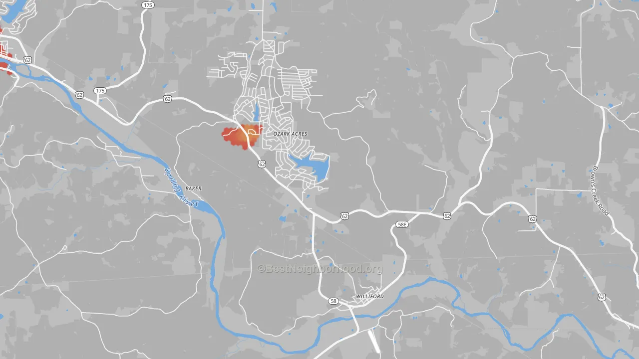 Walk Grade map of 72482, AR, walkable areas in green and car-dependent areas in red