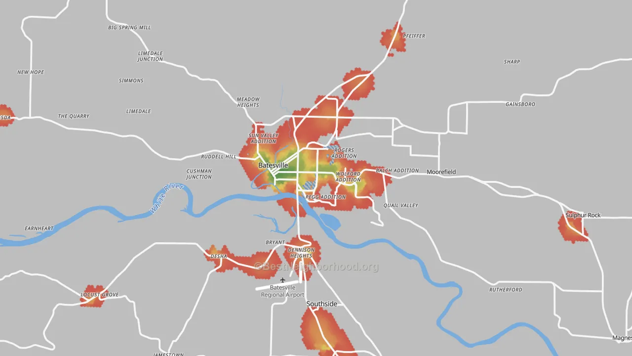 Walk Grade map of 72501, AR, walkable areas in green and car-dependent areas in red