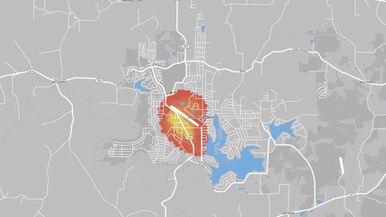 Walk Grade map of 72512, AR, walkable areas in green and car-dependent areas in red