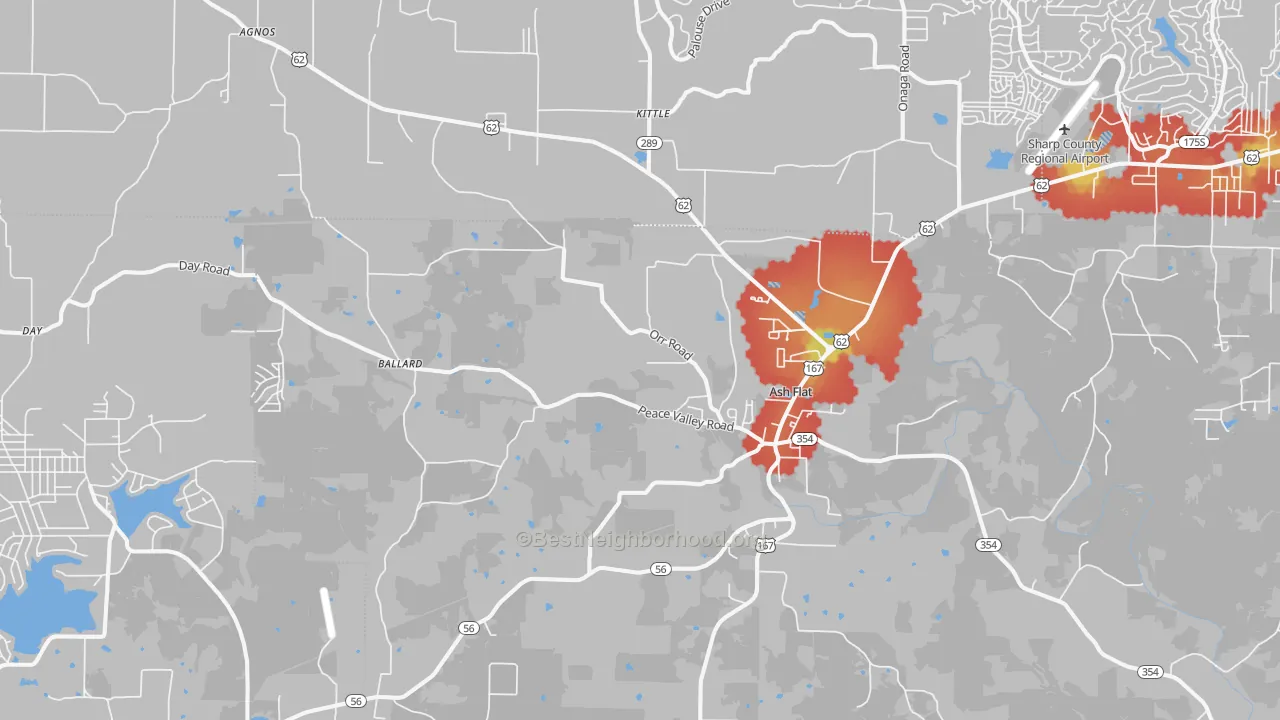 Walk Grade map of 72513, AR, walkable areas in green and car-dependent areas in red