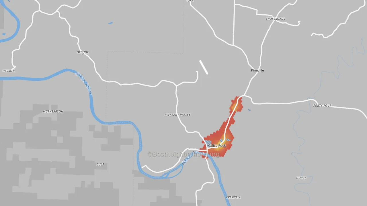 Walk Grade map of 72519, AR, walkable areas in green and car-dependent areas in red