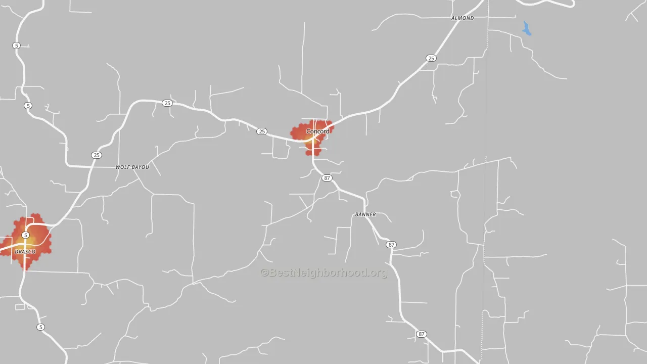 Walk Grade map of 72523, AR, walkable areas in green and car-dependent areas in red