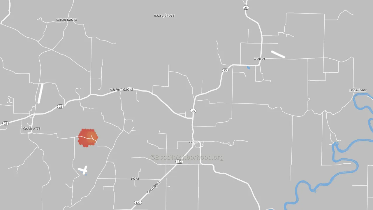 Walk Grade map of 72524, AR, walkable areas in green and car-dependent areas in red