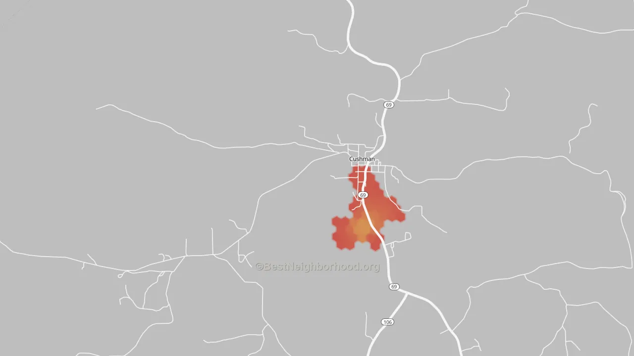 Walk Grade map of 72526, AR, walkable areas in green and car-dependent areas in red