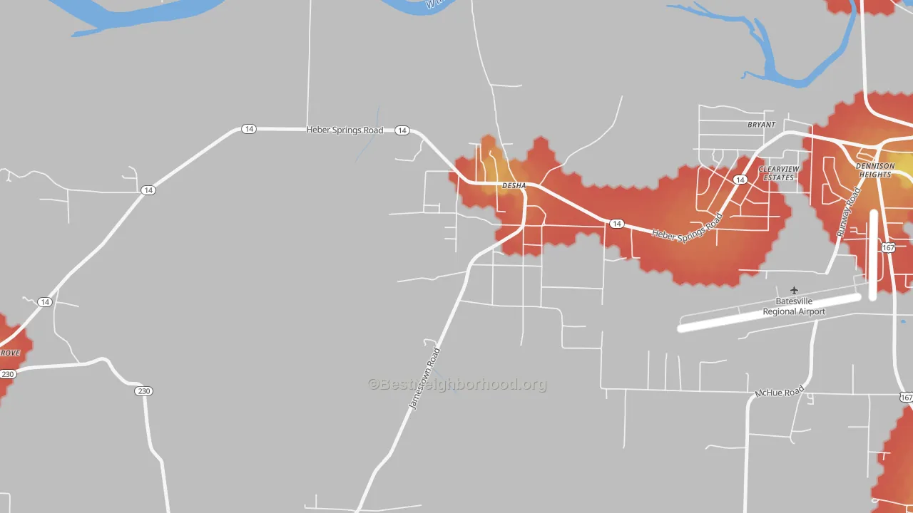 Walk Grade map of 72527, AR, walkable areas in green and car-dependent areas in red